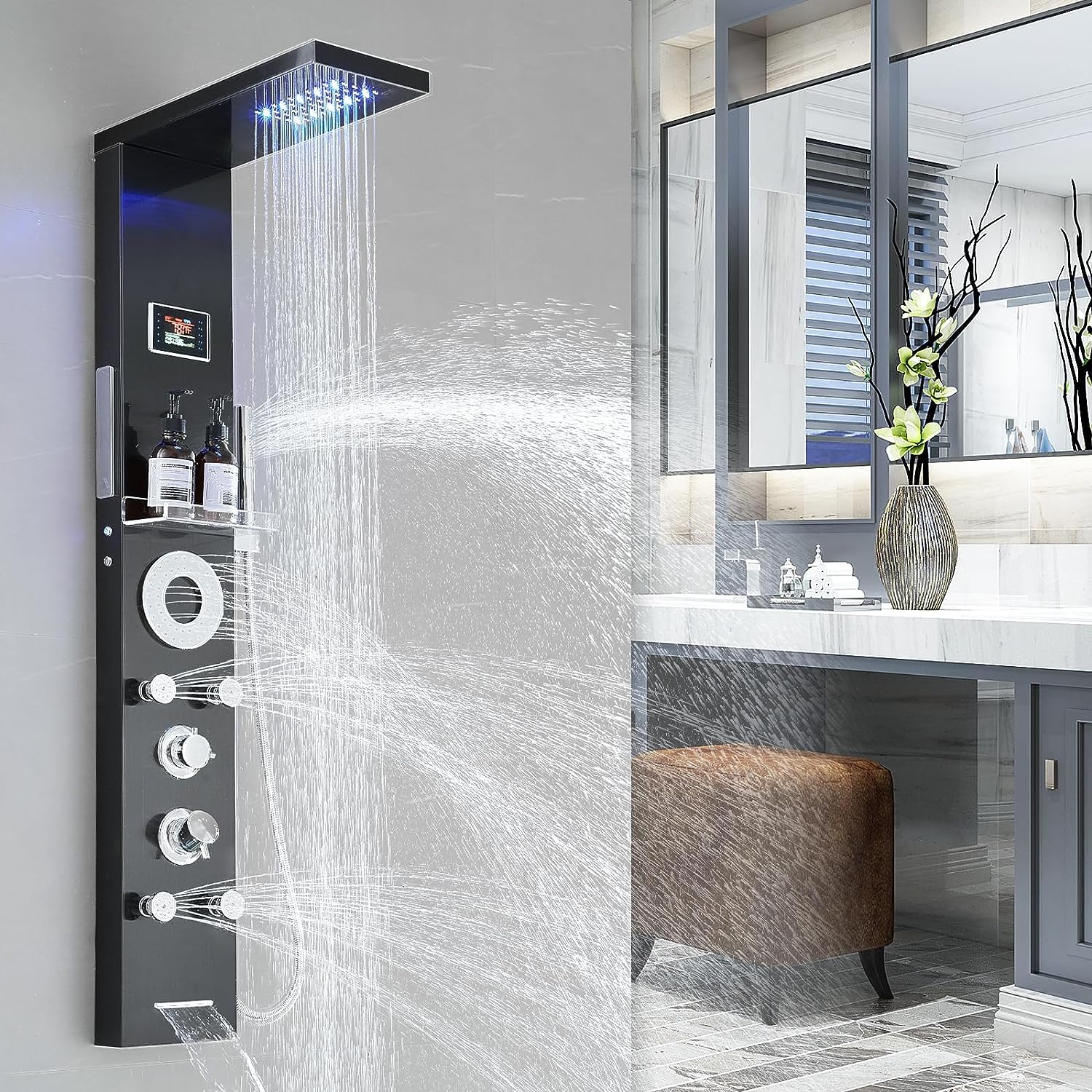matte-black-shower-panel-tower-system-5-function-shower-faucet-set-led-light-rainfall-shower-head-digital-display-with-massage-jets-tub-spout-shower-shelves-stainless-steel-wall-mount